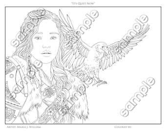 Viking warrior girl & raven fantasy portrait coloring page by Maria J. William, instant PDF download