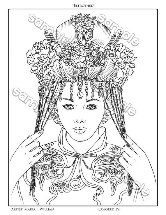 Beautiful Chinese bride coloring page by Maria J. William | Etsy