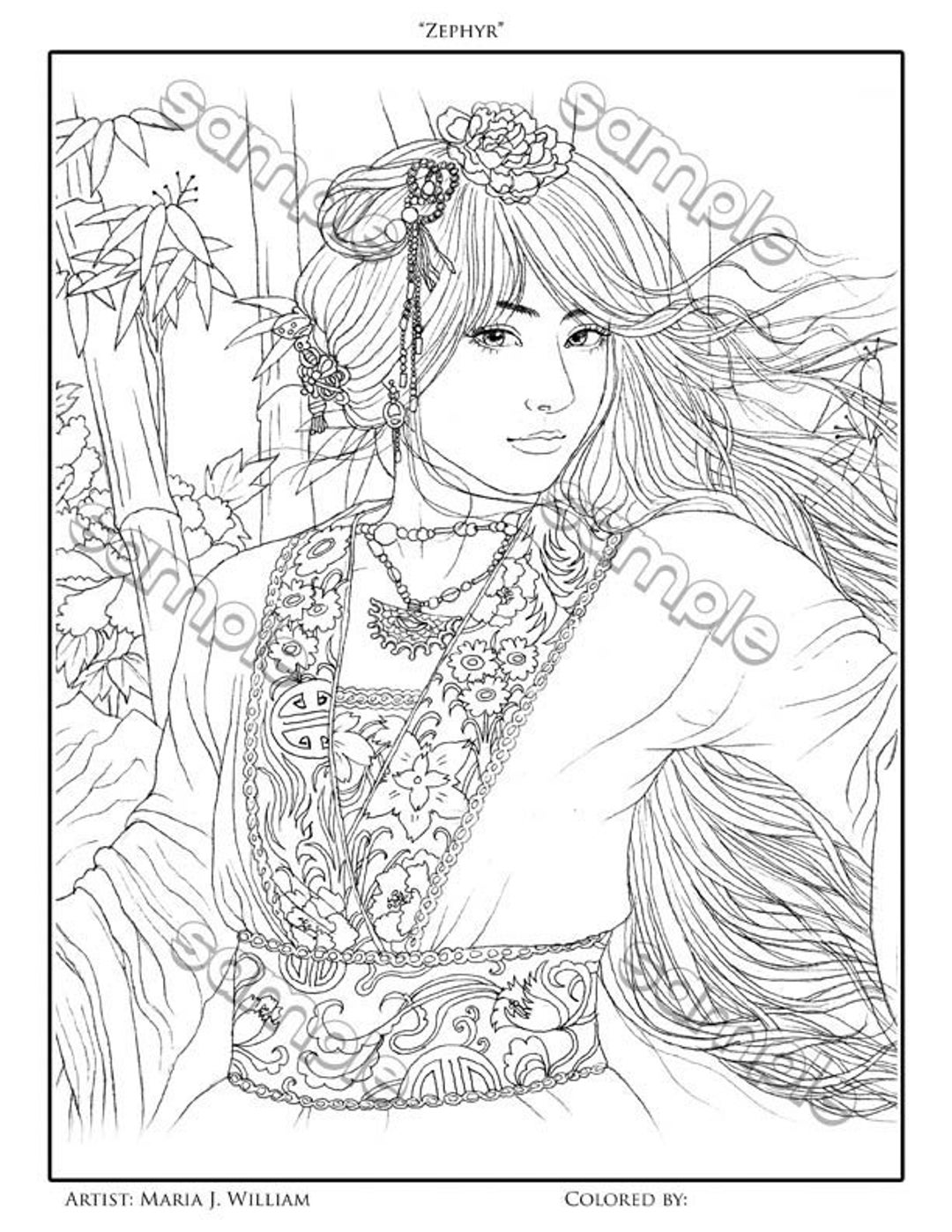 Beautiful Asian Woman Portrait Coloring Page by Maria J. - Etsy