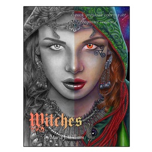 Witches - BEGINNER 8-pack grayscale coloring book by Maria J. William, instant PDF download