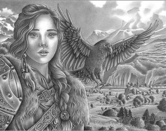 Keepers Of Peace - original graphite drawing, warrior woman with raven fantasy portrait by Maria J. William