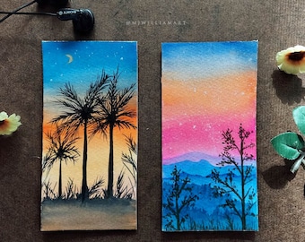 Sundown & Sunup - TWO original gouache paintings, colorful landscape original miniatures by Maria J. William