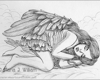 Nap Time - original ink sketch, cute sleeping angel fantasy art by Maria J. William