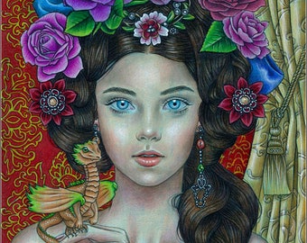 ARCANE LEGACY - original colored pencil drawing, beautiful royal woman with tiny dragon fantasy portrait by Maria J. William