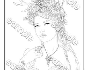 May include: Black and white line art illustration titled "Fading Light" featuring a woman with long hair, a floral crown, and antlers. She wears a necklace and bracelet with ornate details. The artist is Maria William.