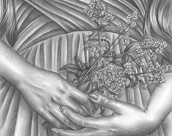 PEACE #2 - woman with flowers figurative/fantasy original graphite drawing by Maria William