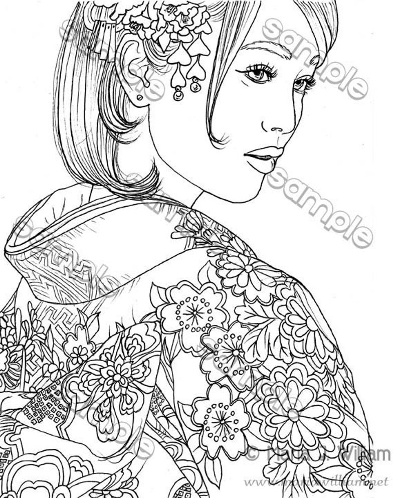 Girl in a kimono coloring page by Maria J. William, instant PDF download image 1