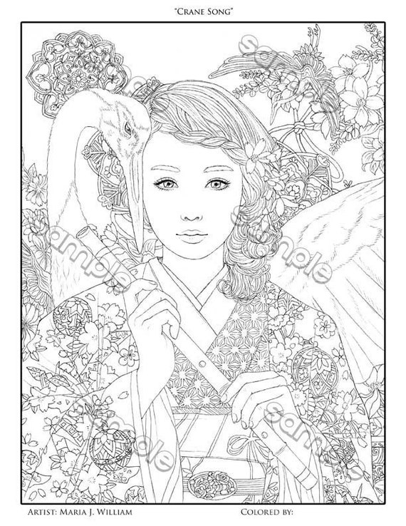 Beautiful Asian woman and crane fantasy portrait coloring page | Etsy