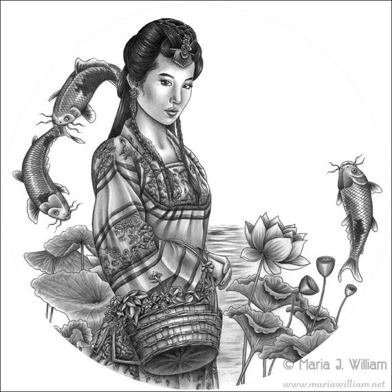 The Four Beauties: Xi Shi Original Graphite Drawing, Beautiful Chinese  Woman With Lotuses and Koi Fantasy Portrait by Maria J. William - Etsy