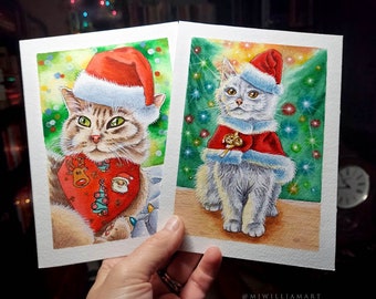 Jungle Meows & Let It Meow - TWO original watercolor paintings, festive Christmas cat portraits by Maria J. William