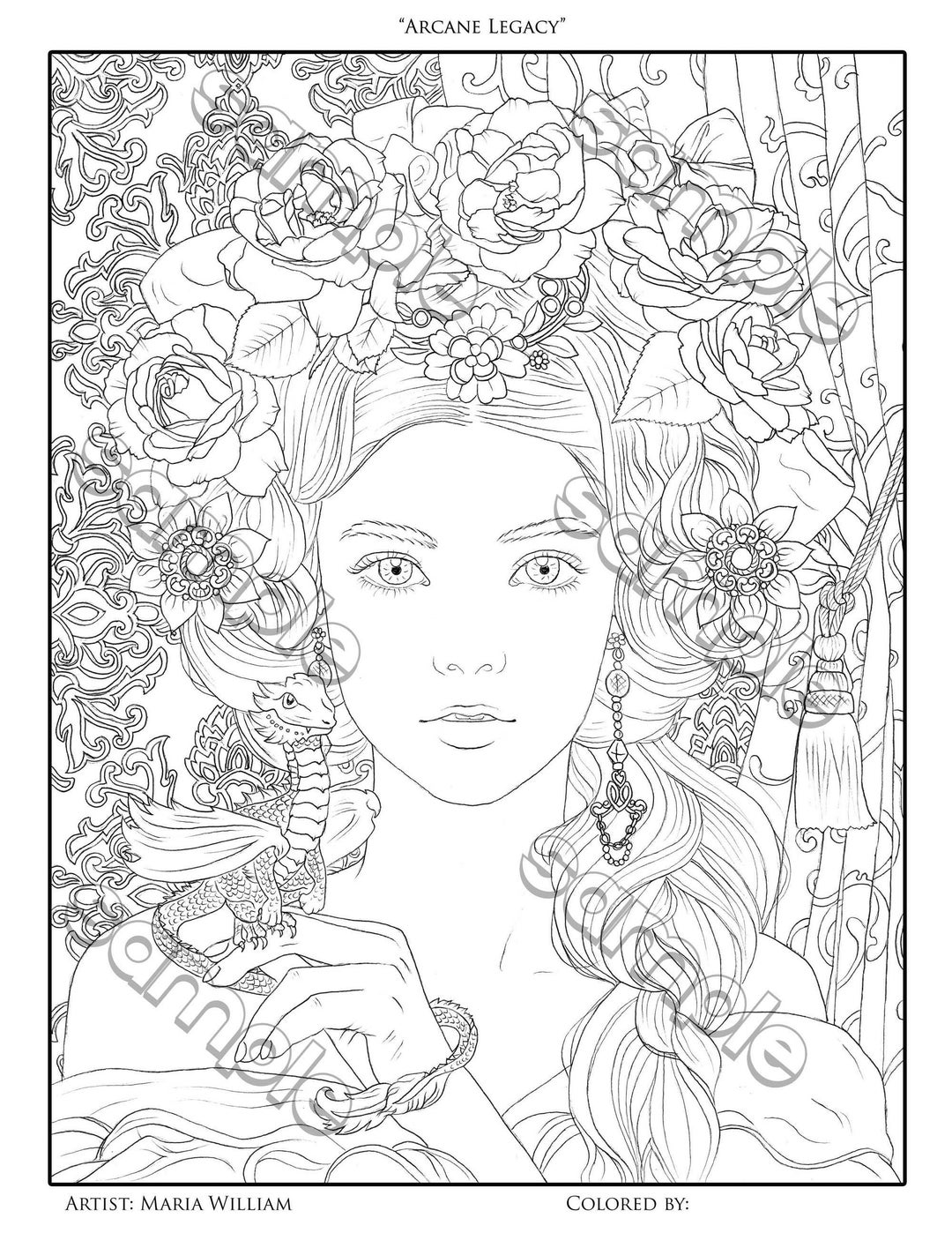 Beautiful Woman With Baby Dragon Fantasy Portrait Coloring Page by ...