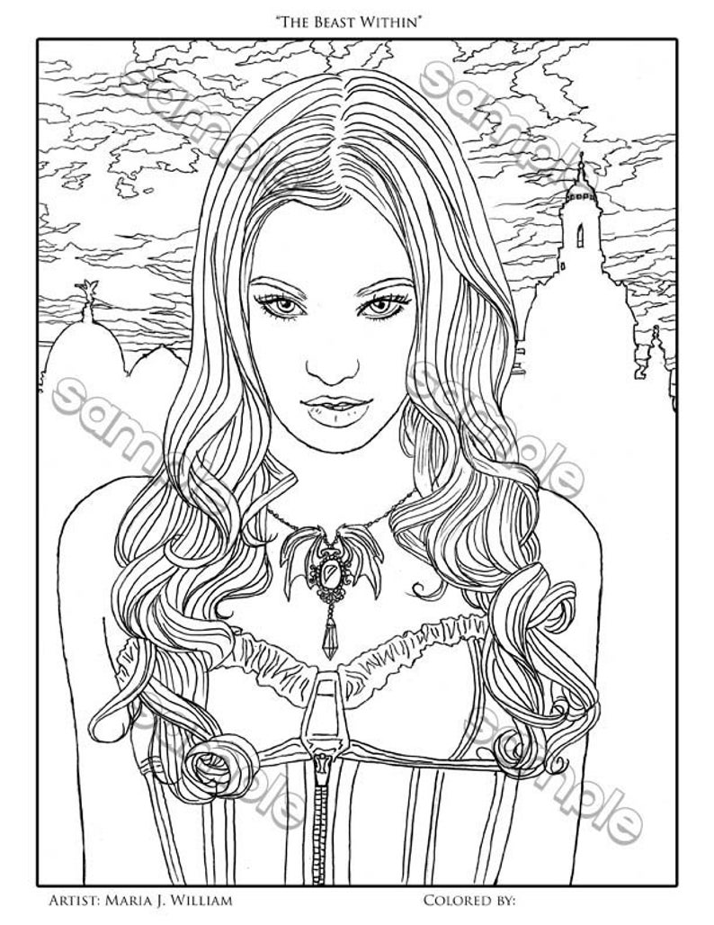 Beautiful vampire gothic fantasy portrait coloring page by | Etsy