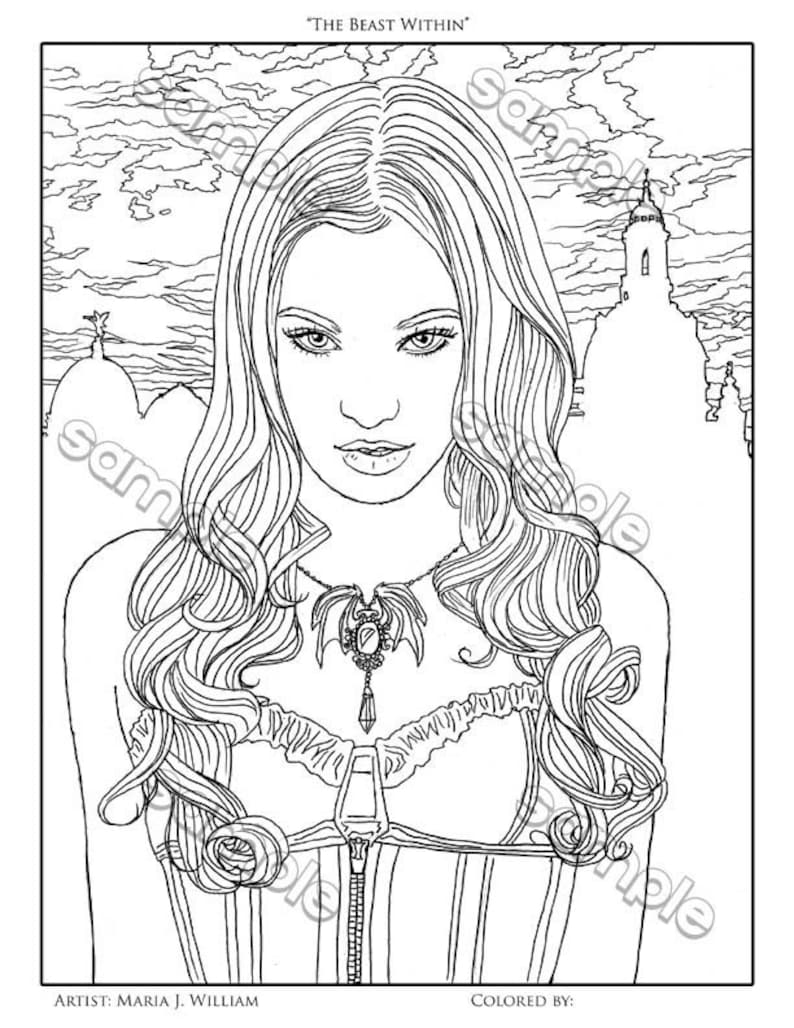 Beautiful vampire gothic fantasy portrait coloring page by | Etsy