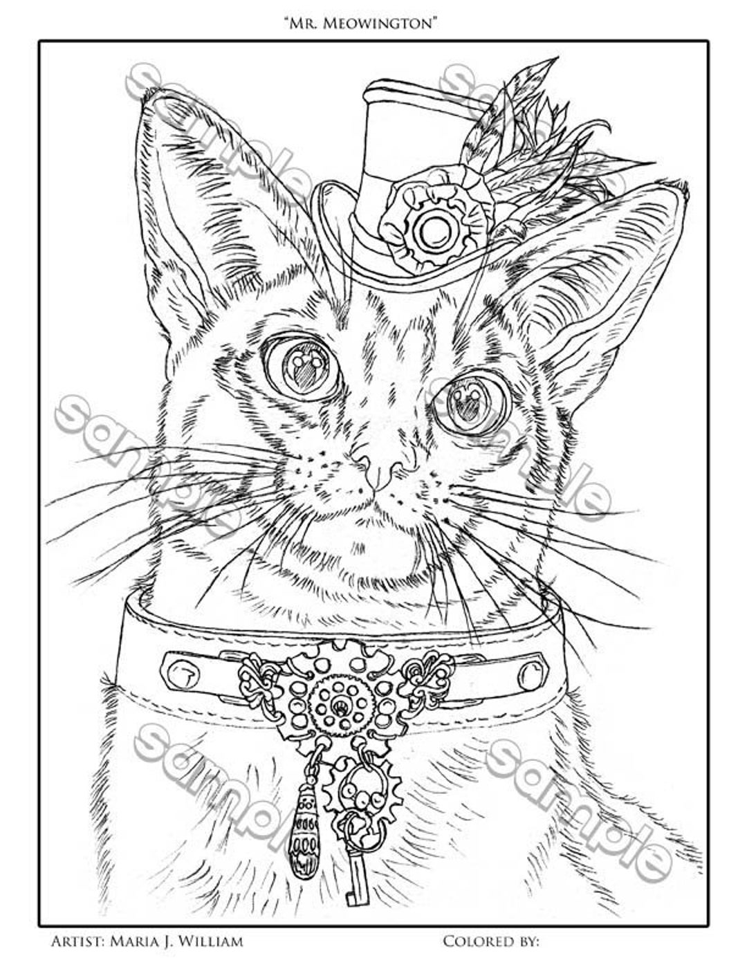 Steampunk Cat Coloring Page by Maria J. William, Instant PDF Download ...