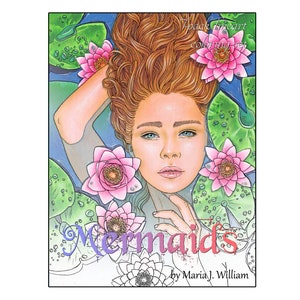Mermaids - 7-pack LINEART fantasy coloring book by Maria J. William, instant PDF download