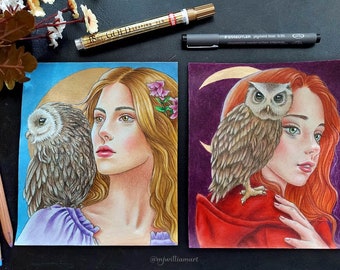 Gilded Reverie & Golden Nocturne - TWO original colored pencil drawings, beautiful women with owls fantasy portraits by Maria J. William