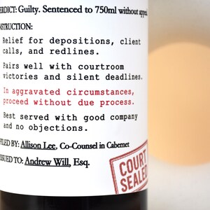 Funny Wine Label for Lawyer – Legal Gift, Attorney Graduation, Law School, Judge Present image 3