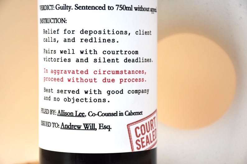 Funny Wine Label for Lawyer – Legal Gift, Attorney Graduation, Law School, Judge Present image 3