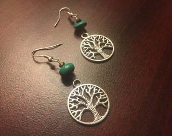 Belles boucles d'oreilles Arbre de Vie en argent avec Turquoise