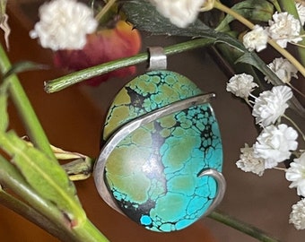 Beautiful real turquoise pendant wrapped in Sterling Silver- UNISEX