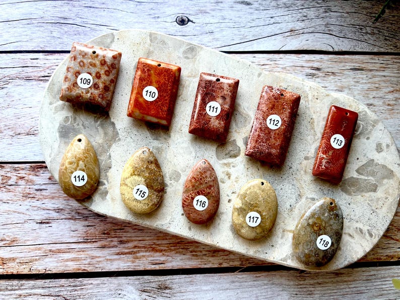 May include: A selection of rectangular and oval stone pendants in brown, red, and beige hues. Each pendant features a unique pattern and is numbered with a white sticker. The pendants are arranged on a speckled, oval-shaped tray.