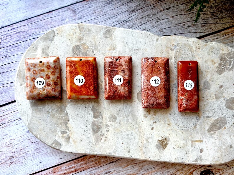 May include: Five rectangular coral pendants in shades of red and orange, each with a white sticker displaying a number from 109 to 113. The pendants are displayed on a light grey, speckled surface.