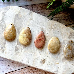 May include: Five polished, teardrop-shaped stones in shades of beige, tan, and coral are displayed on a light-coloured, textured surface. Each stone has a small hole drilled at the top. The stones vary in pattern and colour.