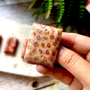 May include: A rectangular coral pendant with a hole at the top. The pendant features a pattern of small, orange-red flower-like shapes on a cream-coloured background. The pendant is held in a hand, with other coral pieces visible in the background.