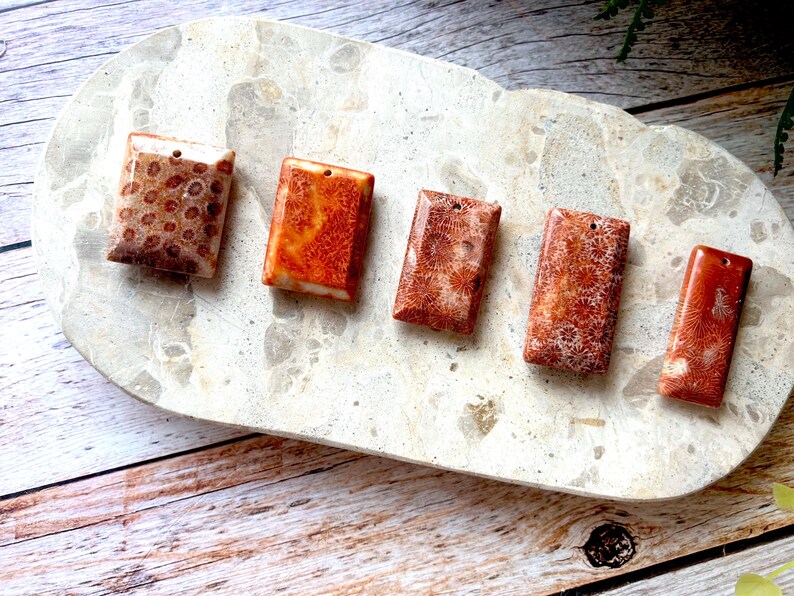 May include: Five rectangular coral pendants in shades of brown and orange are displayed on a light-coloured, oval-shaped stone tray. Each pendant has a small hole at the top. The pendants have unique patterns and textures.