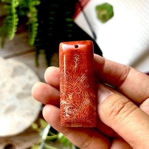 May include: A rectangular, reddish-orange pendant with a hole at the top. The pendant features a detailed, natural pattern of white lines, resembling coral. The stone is held in a hand, with a blurred background of greenery and a book.