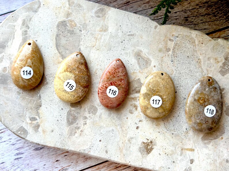 May include: Five teardrop-shaped pendants in shades of tan, beige, and coral, each with a small hole at the top. Each pendant has a white sticker with a number. The pendants are displayed on a light-coloured, textured surface.