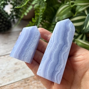 May include: Two blue lace agate obelisks with a layered, banded pattern. The obelisks are held in a hand, with green foliage in the background. The obelisks have a rectangular shape with a pointed top.