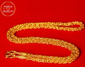 Thai Gold Foxtail Chain Necklace – Handmade 22K 23K 24K Plated Mens Jewelry