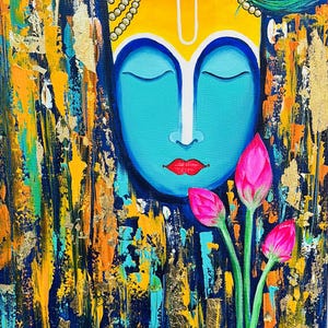 May include: A colorful abstract painting featuring a blue face with closed eyes, a white 'U' symbol on the forehead, and a yellow halo. The face is surrounded by a gold and blue background with pink lotus flowers.
