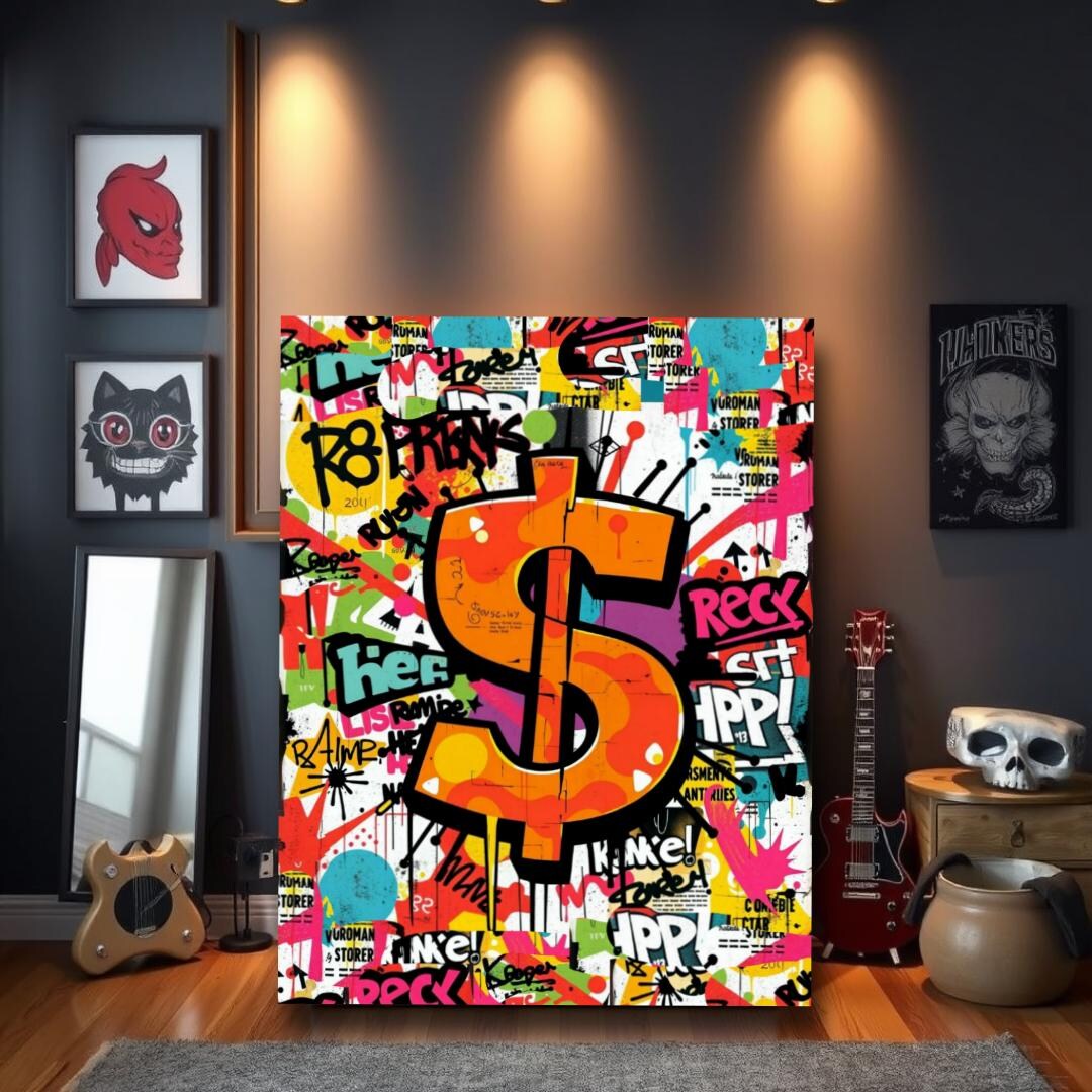 クールなキャンバスアート、お金のシンボルポップアートスタイルの絵画