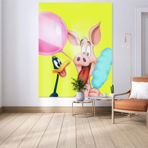 Obra de arte original de Porky Pig y el Pato Lucas, impresión acrílica de gran tamaño, coleccionables de dibujos animados, obras de arte de dibujos animados, arte de pared, obras de arte enmarcadas