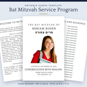 May include: An editable Bat Mitzvah service program template featuring white paper with black text. The center panel displays the text The Bat Mitzvah of Miriam Rosen, Hebrew text, the date December 20, 2026, and Congregation Beth Shalom.
