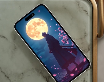 Samouraï clair de lune 4K Fonds d'écran animés | Fond numérique de guerrier japonais | Fond d'écran HD pour ordinateur de bureau et téléphone | Téléchargement instantané