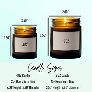 May include: Two amber glass candle jars with white labels. The smaller jar is 4 oz and 2.50 inches tall with a 2.30 inch diameter. The larger jar is 9 oz and 3.50 inches tall with a 2.80 inch diameter. Both jars have a lit candle inside.
