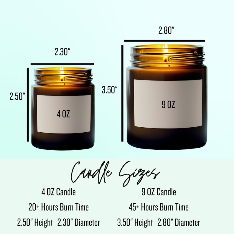 May include: Two amber glass candle jars with white labels. The smaller jar is 4 oz and 2.50 inches tall with a 2.30 inch diameter. The larger jar is 9 oz and 3.50 inches tall with a 2.80 inch diameter. Both jars have a lit candle inside.