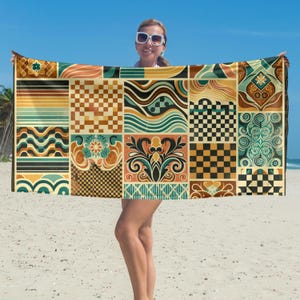 Vintage Boho Patchwork Beach Towel - Retro Artisan Charm, Bohemian Towel, Hippie Towel, Retro Beach Blanket, Earthy Beach Towel, Beach
