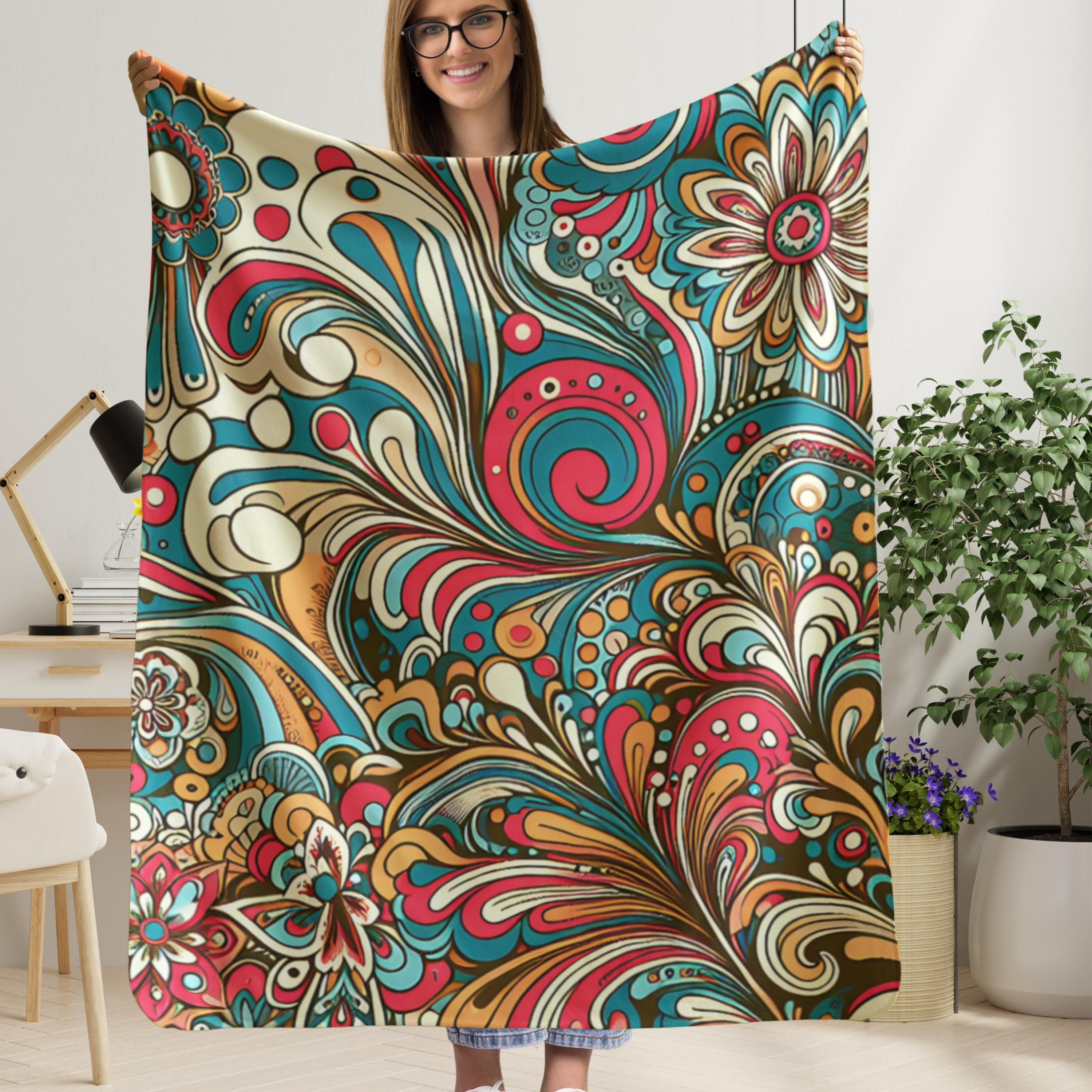 Sherpa Blanket, Paisley-Inspired Teal Coral Gold Cream Swirls Floral, Bohemian Cozy Chic, Couch Throw Bedding Home Decor, Housewarming Gift