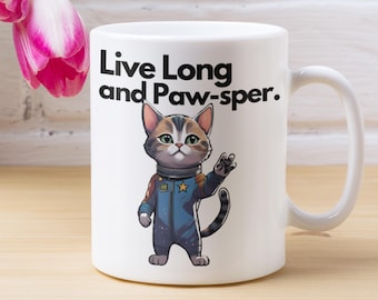 Live Long and Paw-sper Mug | Cute Cat Lover Gift | Astronaut Mug | Pet Lover Present | Unique Coffee Cup | Fun Kitchen | Space-Themed Cat