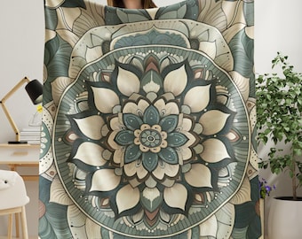 Sherpa Blanket, Tranquil Floral Mandala Design, Sage Green Cream Taupe Brown, Cozy Home Accent, Thoughtful Gift, Winter Decor, Comfort and