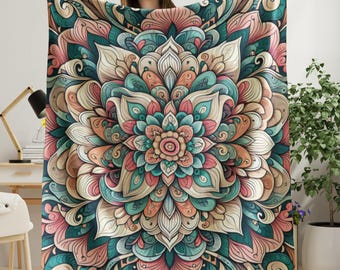 Sherpa Blanket  Bloom Mandala Teal, Coral, Cream, Gold Design - Luxurious & Cozy Throw, Home Decor, Statement Piece, Warm