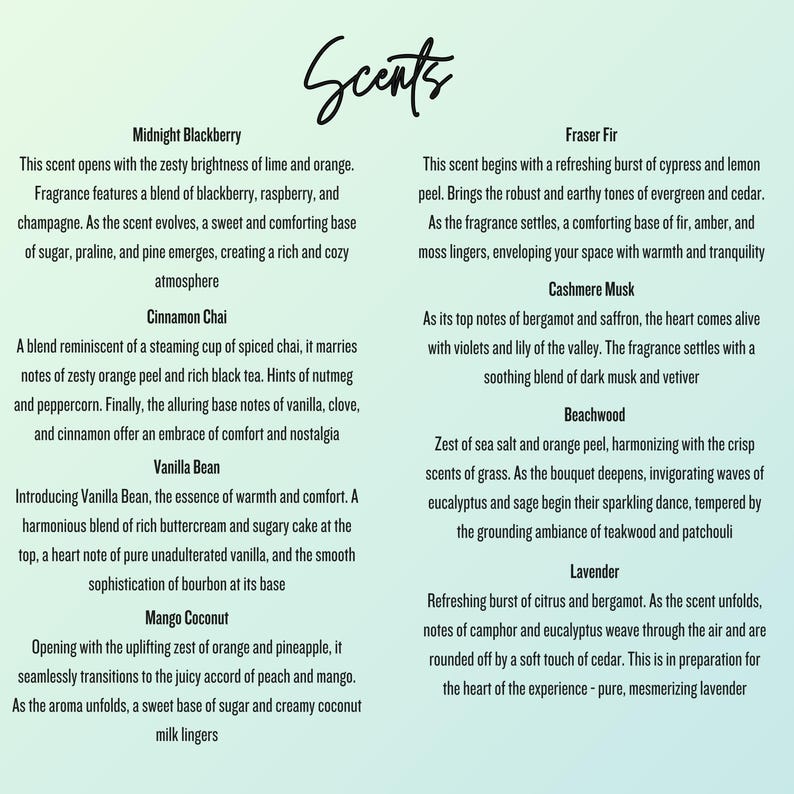 May include: A graphic with a list of ten different scents, each with a description of the scent's notes and overall impression. The scents are Midnight Blackberry, Cinnamon Chai, Vanilla Bean, Mango Coconut, Fraser Fir, Cashmere Musk, Beachwood, Lavender, and more.
