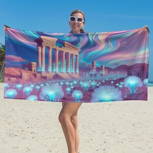 May include: A colorful beach towel with a psychedelic design featuring a large building with columns, a glowing sky, and a field of glowing flowers.