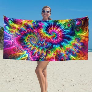 Psychedelic Swirl Beach Towel - Colorful Vortex Tie-Dye Fractal Pattern, Festival Lovers Gift, Neon Hues Towel, Free Spirited Beach