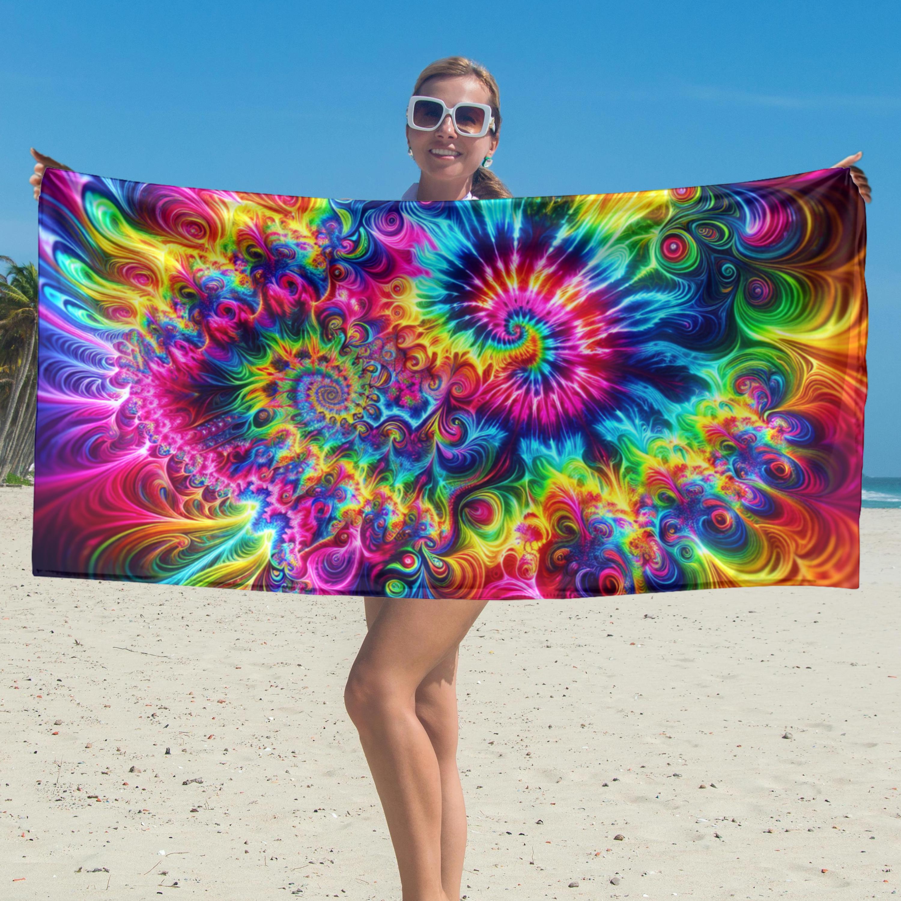 Psychedelic Swirl Beach Towel - Colorful Vortex Tie-dye Fractal