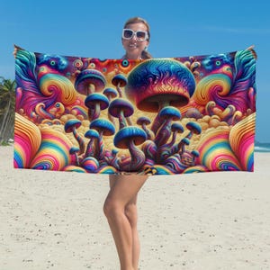 May include: A colorful beach towel with a psychedelic design featuring a field of mushrooms with swirling patterns in shades of blue, pink, yellow, and green.